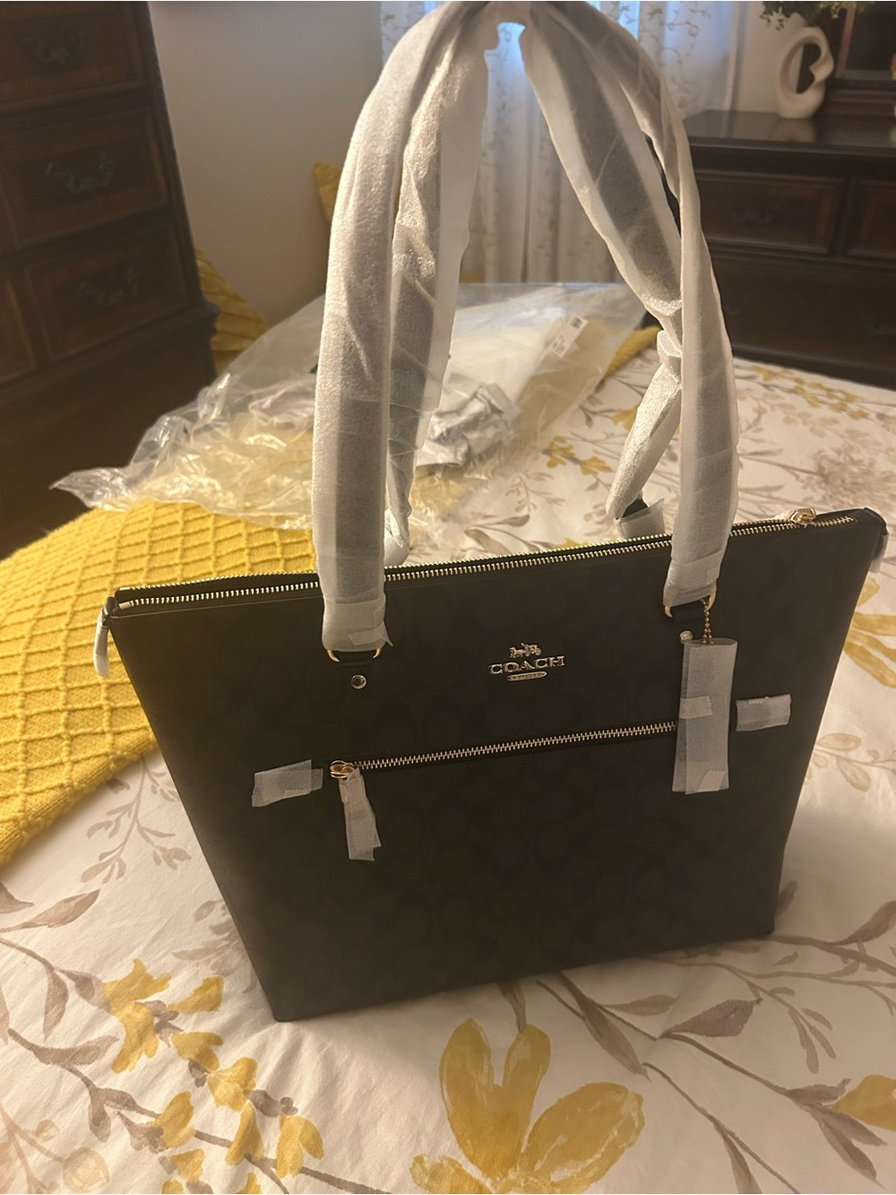 Coach Brown Signature Zip-Top Tote with Gold Hardware